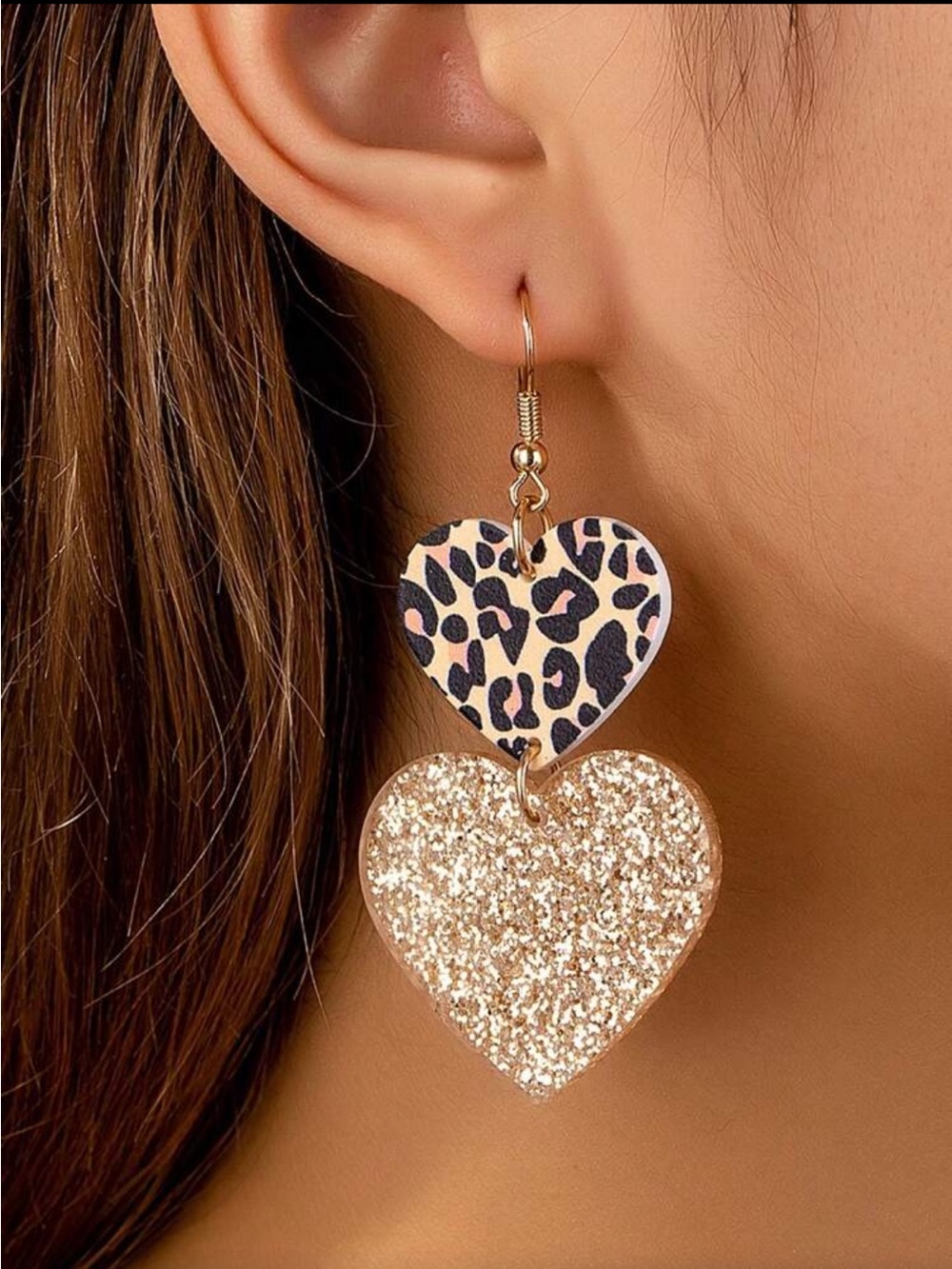 Gold Glitter & Leopard Two-Heart Drop Earrings - Women Jewelry